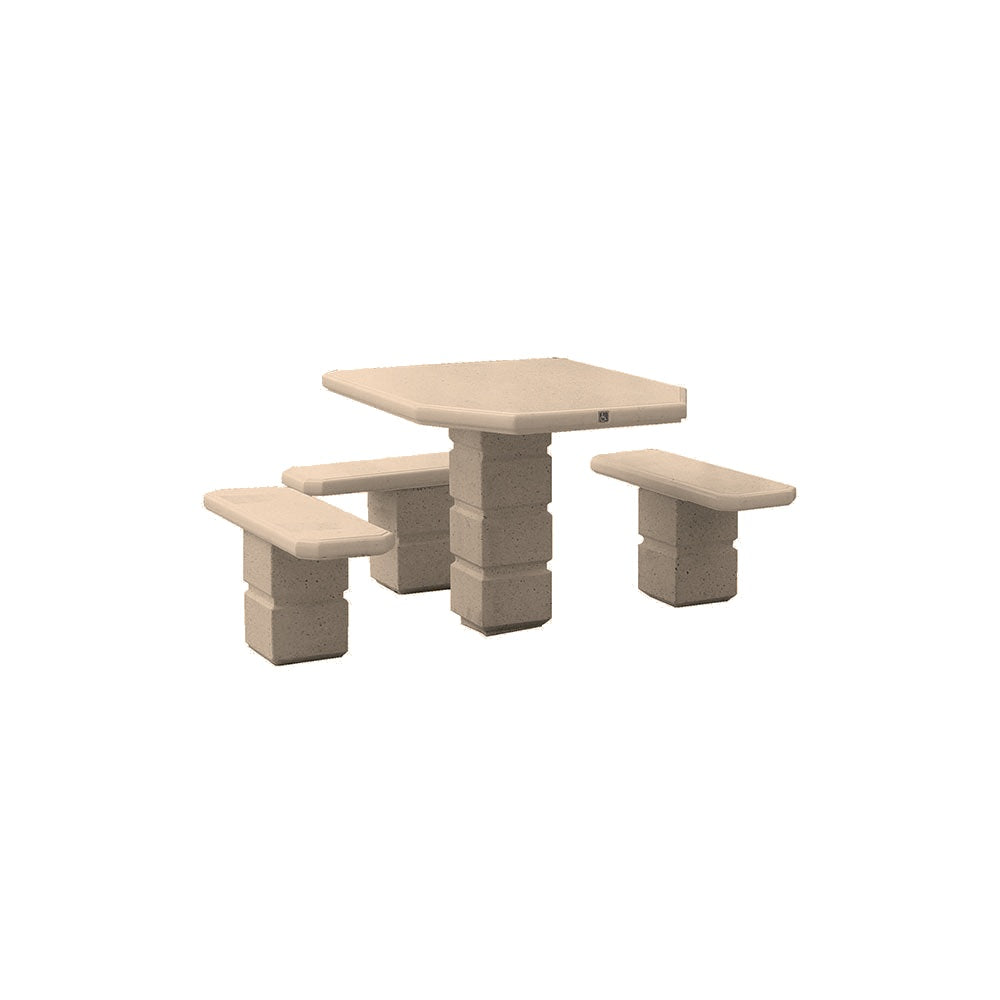 TF3091 Footed Square Pedestal Concrete ADA Compliant Table Set — Standard Ground & Polish Top & Bench - Acid Wash Sand Legs — G21 Buff — digitally rendered color preview