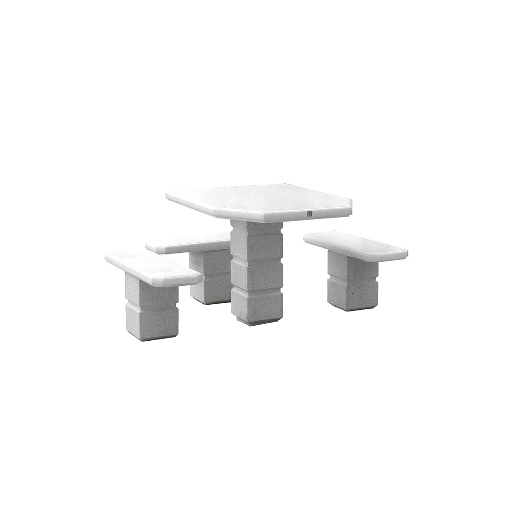 TF3091 Footed Square Pedestal Concrete ADA Compliant Table Set — Standard Ground & Polish Top & Bench - Acid Wash Gray Legs — G31 Fog — digitally rendered color preview