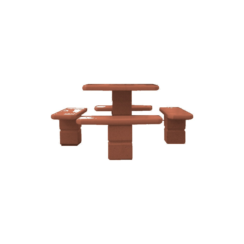 TF3090 Footed Square Pedestal Concrete Table Set — Standard Ground & Polish Top & Bench - Acid Wash Sand Legs — G24 Brick Red — digitally rendered color preview