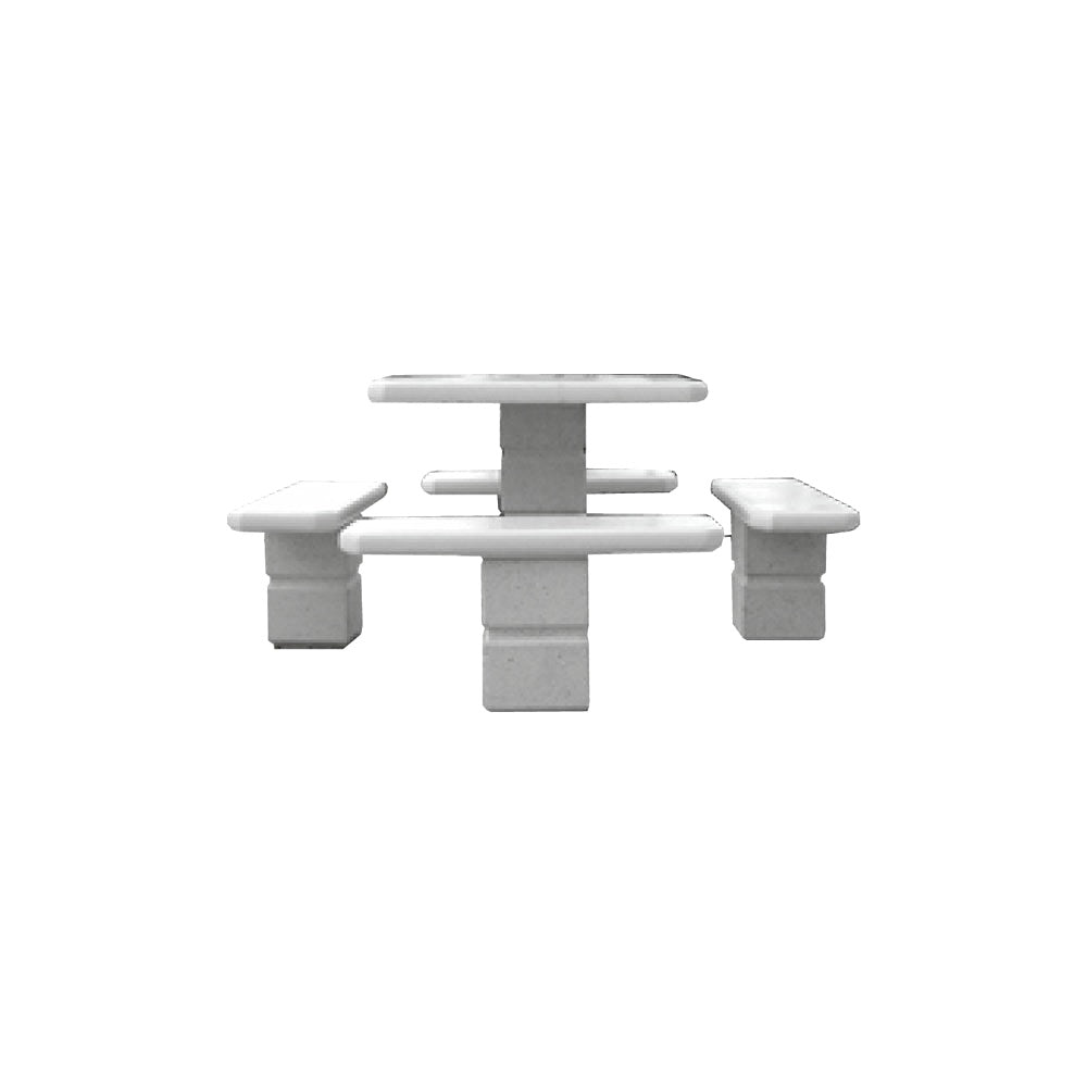 TF3090 Footed Square Pedestal Concrete Table Set — Standard Ground & Polish Top & Bench - Acid Wash Gray Legs — G33 Misty Gray — digitally rendered color preview
