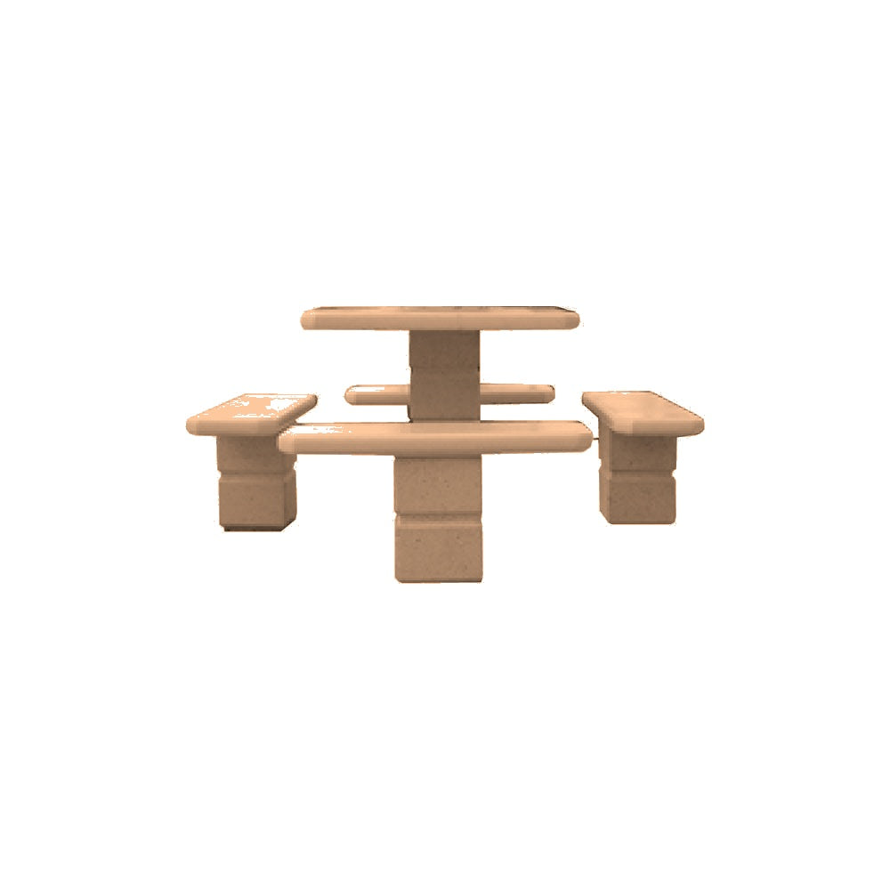TF3090 Footed Square Pedestal Concrete Table Set — Standard Ground & Polish Top & Bench - Acid Wash Sand Legs — A22 Sand — digitally rendered color preview