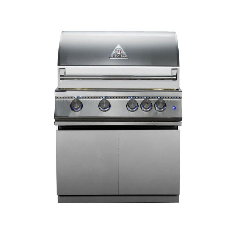 Whistler 32-Inch 4-Burner Built-In Gas Grill on Stainless Steel Cabinet with Rear Infrared Burner, Grill Lights, Rotisserie Kit, and Cover
