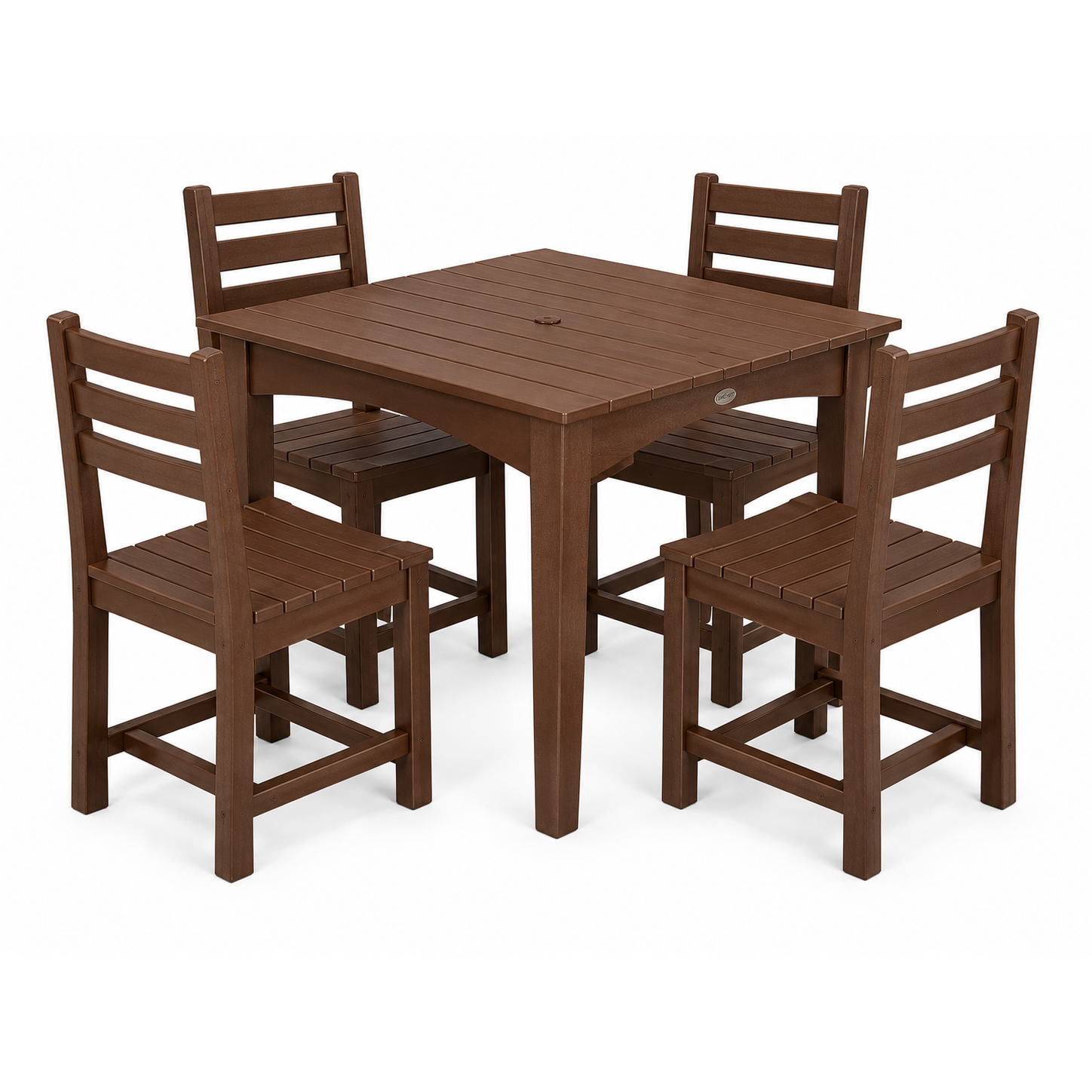 A 5-piece outdoor dining set consisting of a square brown table and four matching ladder-back chairs, shown on a plain white background.