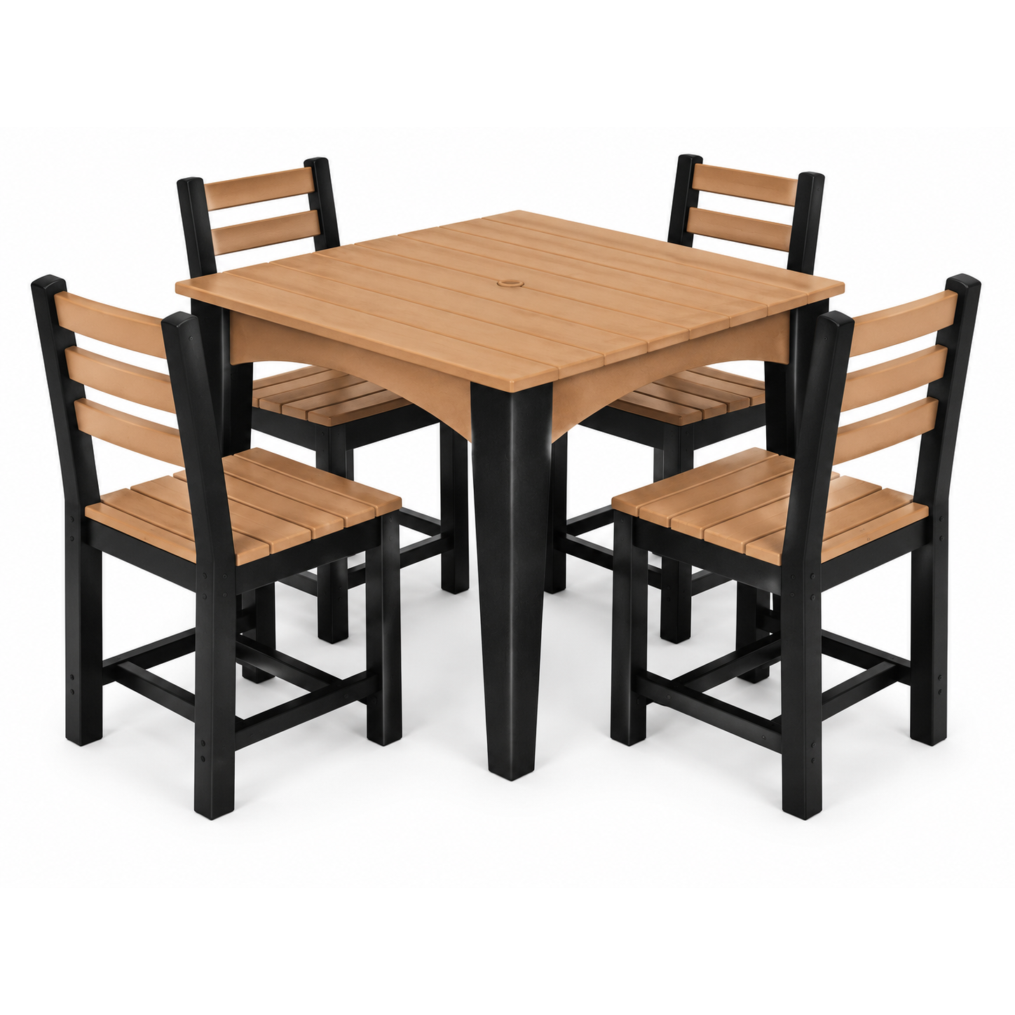 A 5-piece outdoor dining set featuring a square table and four matching ladder-back chairs with a light brown wood-look finish and black frame, shown on a white background.