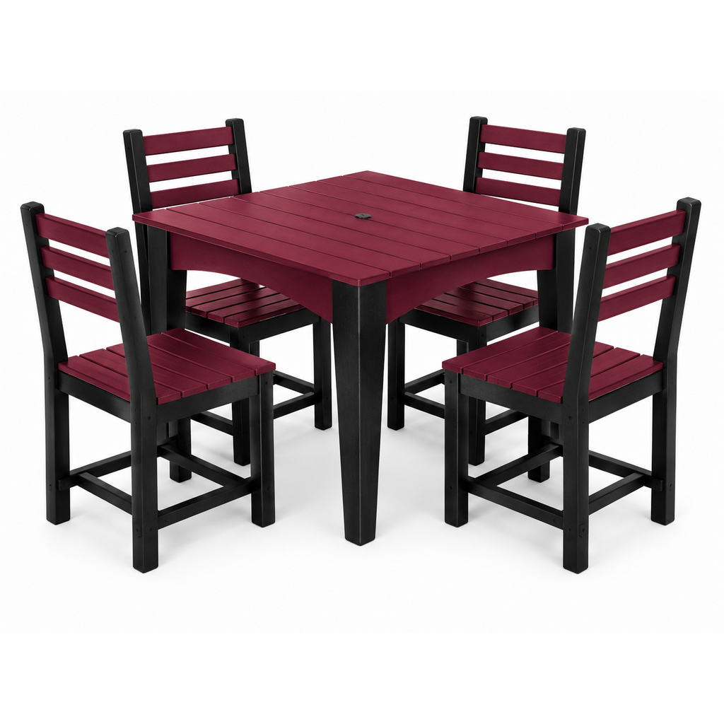 A 5-piece outdoor dining set featuring a square slatted table and four matching ladder-back chairs in burgundy and black, shown on a white background.