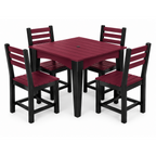 A 5-piece outdoor dining set featuring a square slatted table and four matching ladder-back chairs in burgundy and black, shown on a white background.