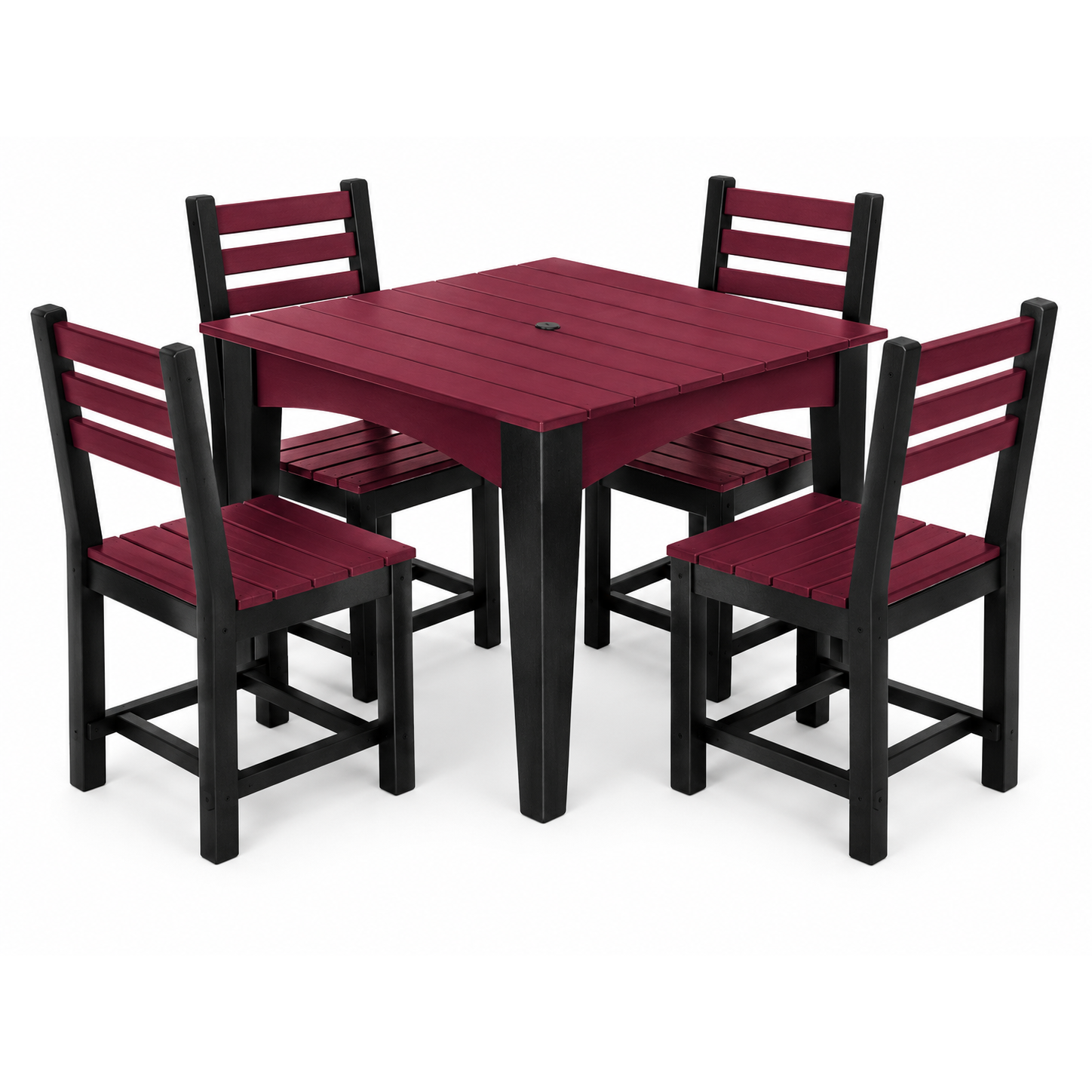 A 5-piece outdoor dining set featuring a square slatted table and four matching ladder-back chairs in burgundy and black, shown on a white background.
