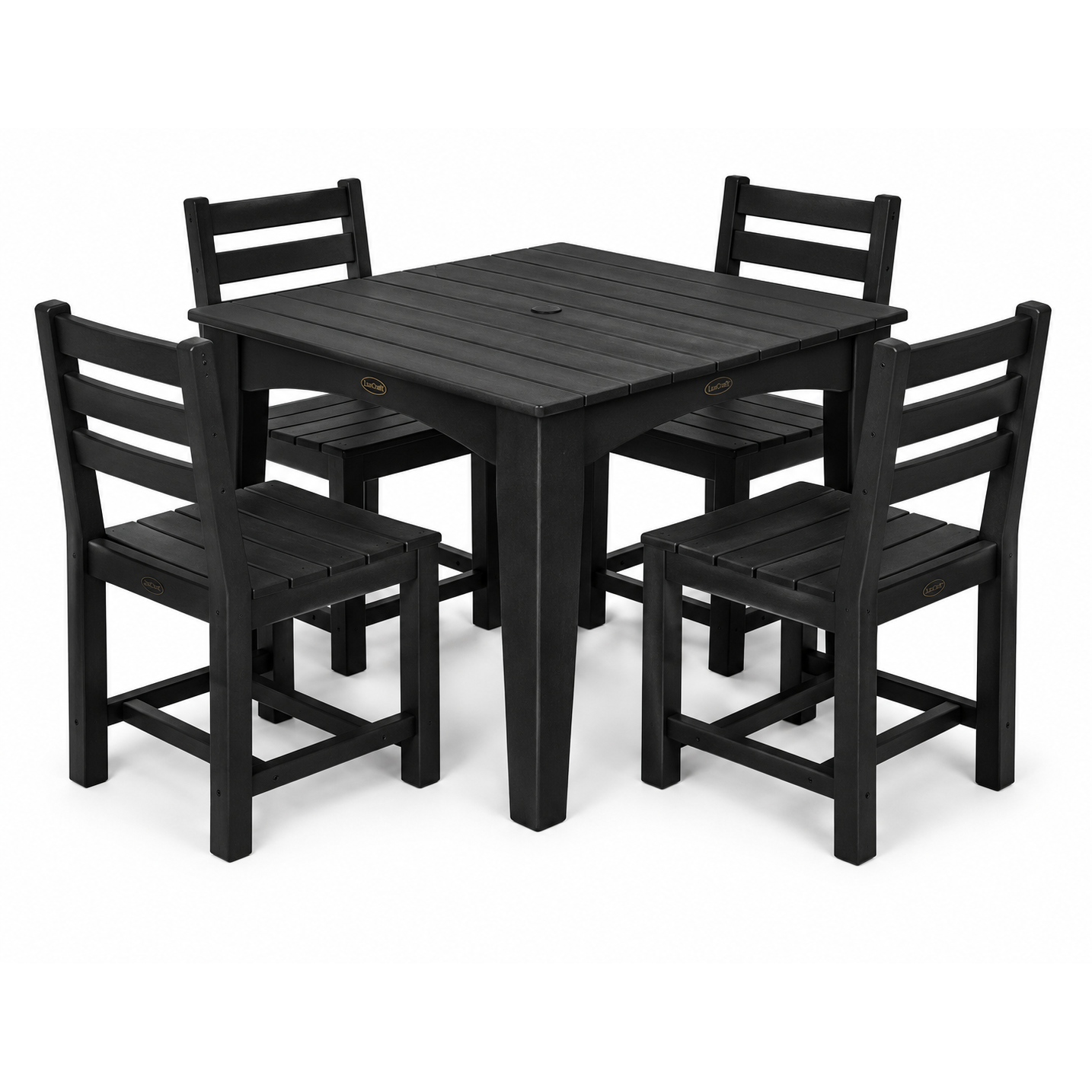 A 5-piece black outdoor dining set featuring a square slatted table and four matching ladder-back chairs, shown on a solid white background.