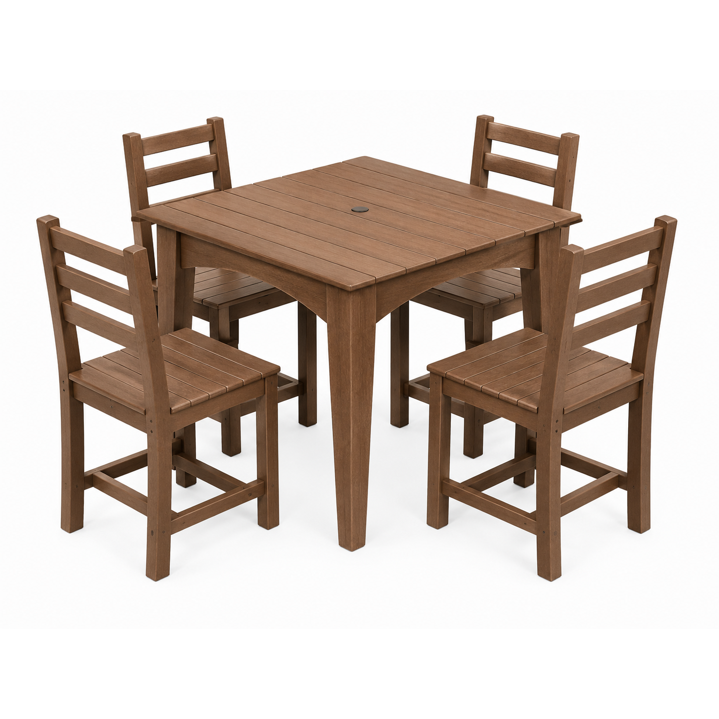 A 5-piece outdoor dining set consisting of a square slat-top table and four matching ladder-back chairs, shown on a plain white background.