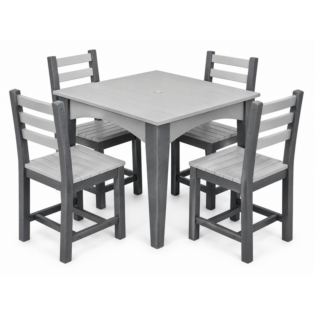 A 5-piece outdoor dining set featuring a square gray table and four matching ladder-back chairs with gray slats, shown on a solid white background.