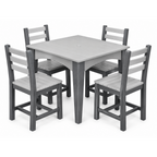 A 5-piece outdoor dining set featuring a square gray table and four matching ladder-back chairs with gray slats, shown on a solid white background.
