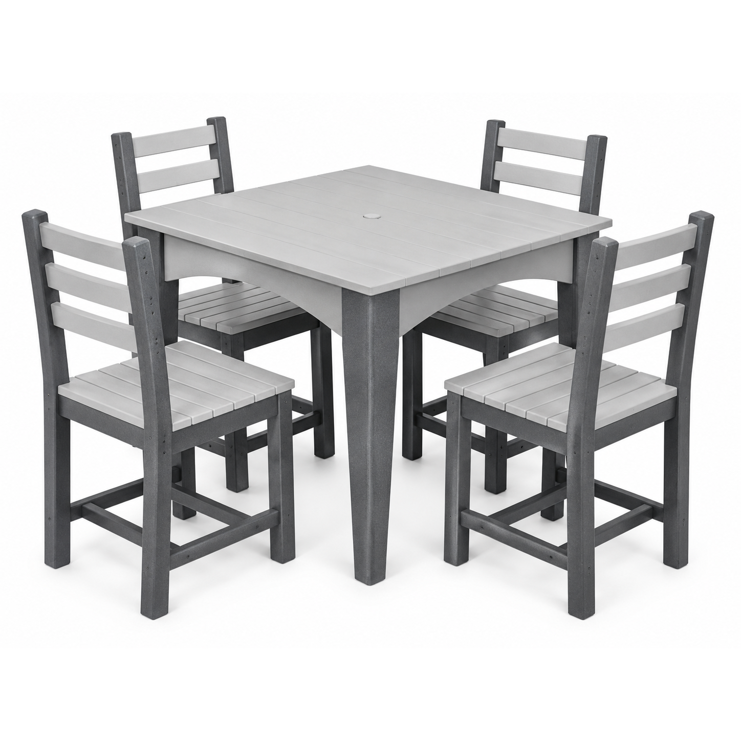 A 5-piece outdoor dining set featuring a square gray table and four matching ladder-back chairs with gray slats, shown on a solid white background.