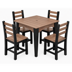 A 5-piece outdoor dining set featuring a square wooden table and four matching ladder-back chairs with black frames and brown slatted seats, shown on a plain white background.