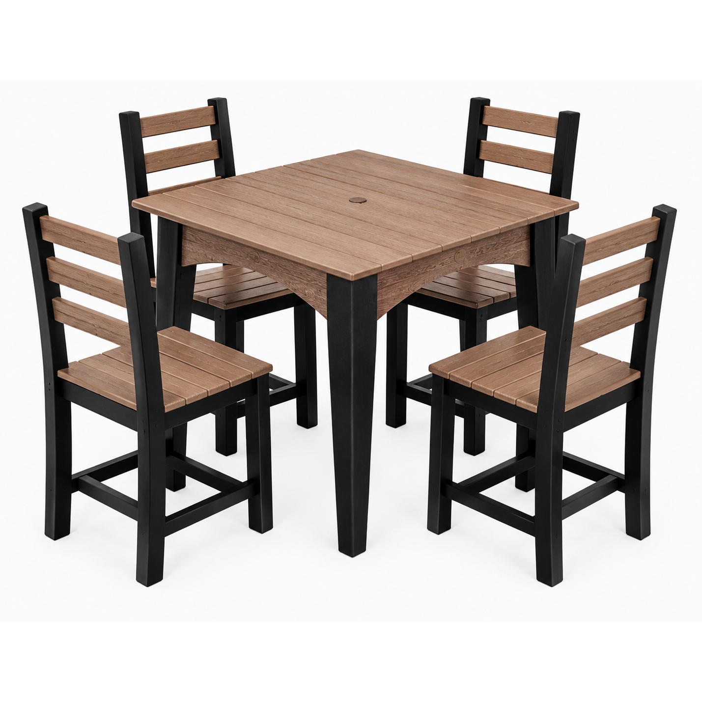 A 5-piece outdoor dining set featuring a square wooden table and four matching ladder-back chairs with black frames and brown slatted seats, shown on a plain white background.