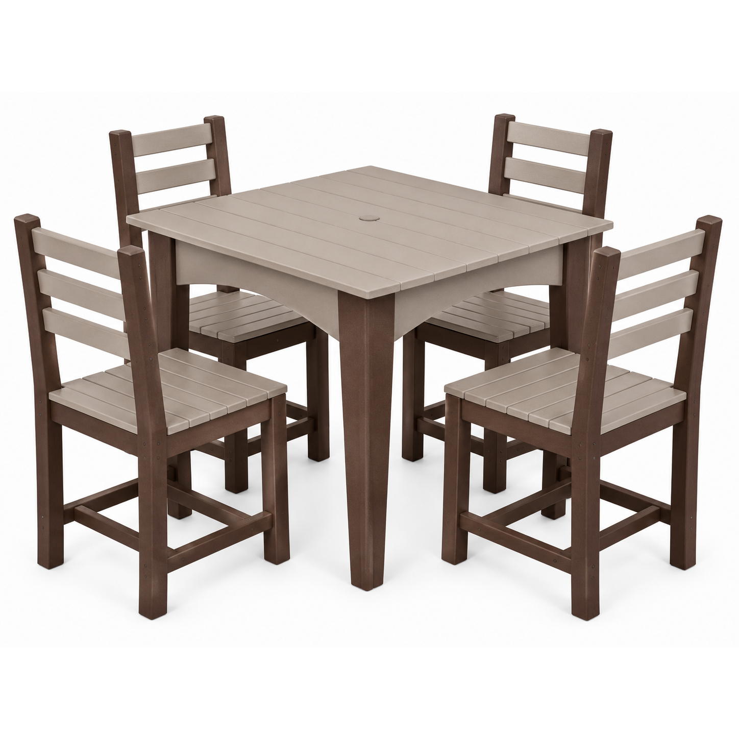 A 5-piece outdoor dining set featuring a square table and four matching ladder-back chairs in a two-tone brown and beige colorway, shown on a solid white background.