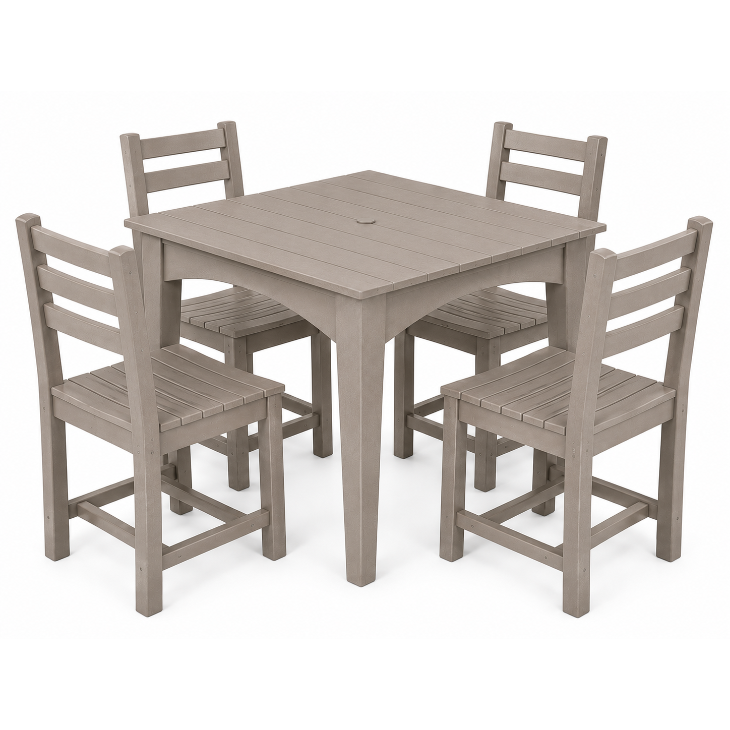 A 5-piece outdoor dining set consisting of a square slatted table and four matching ladder-back chairs in a uniform grayish-brown finish, shown on a white background.