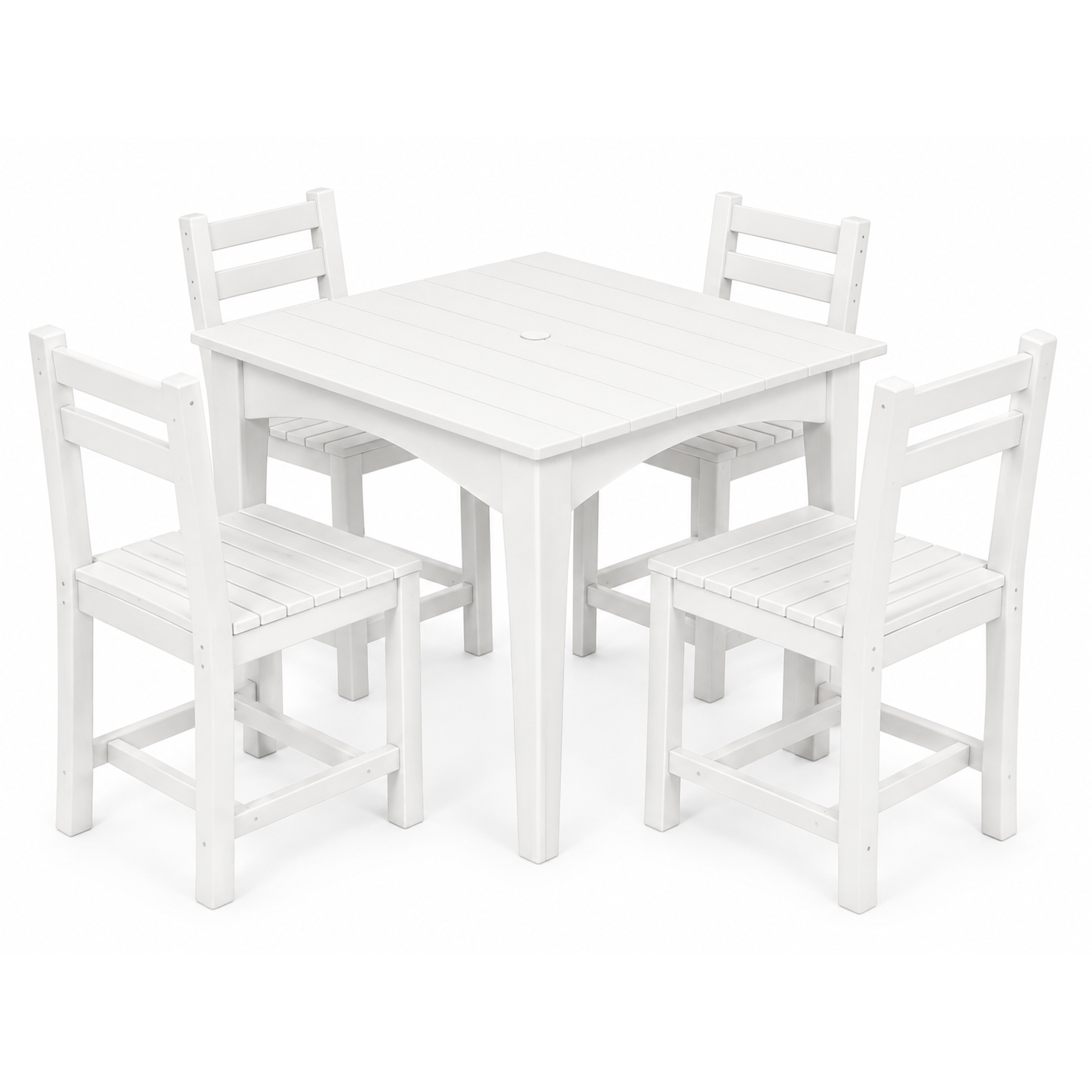 A white square outdoor dining table with four matching ladder-back chairs, shown on a clean white background.
