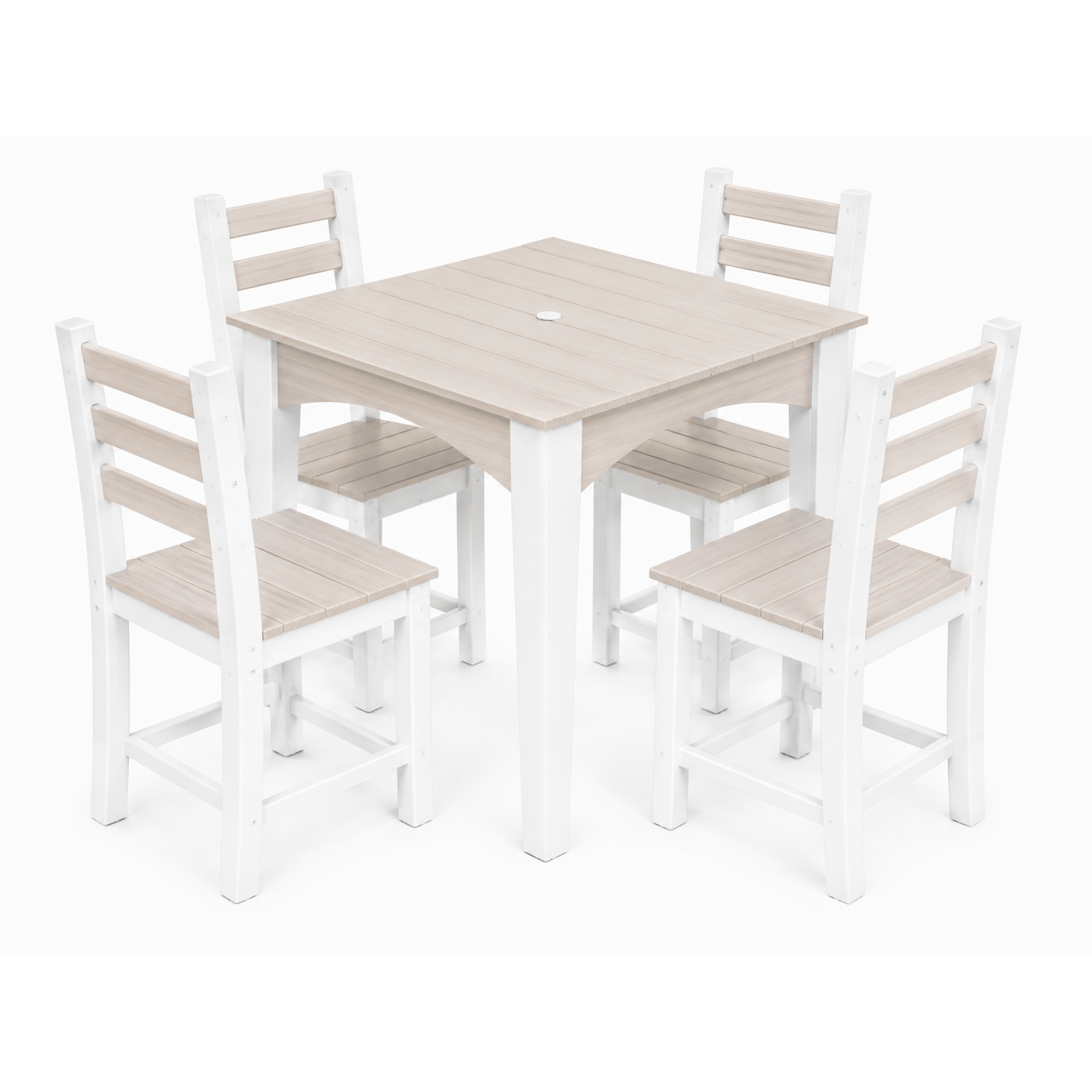 A 5-piece outdoor dining set featuring a square table and four matching ladder-back chairs in a white and light beige finish, shown on a seamless white background.