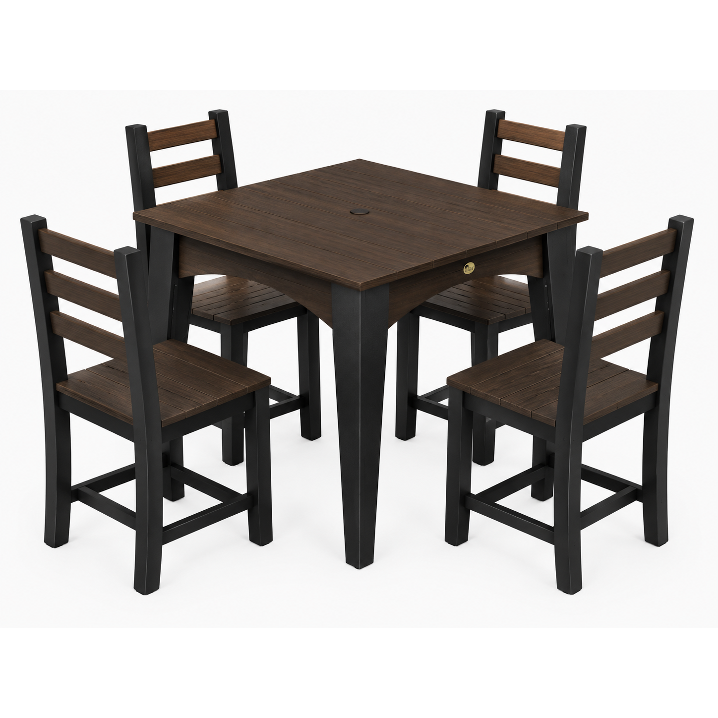 A 5-piece dining set consisting of a square dark brown wood table with a single drawer and four matching ladder-back chairs with dark brown seats and black frames, shown on a white background.