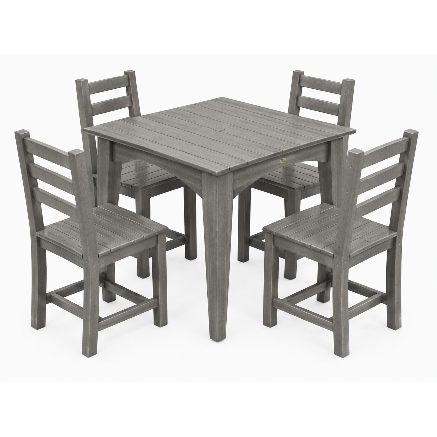 A 5-piece gray wooden dining set consisting of a square slatted table and four matching ladder-back chairs, shown on a plain white background.