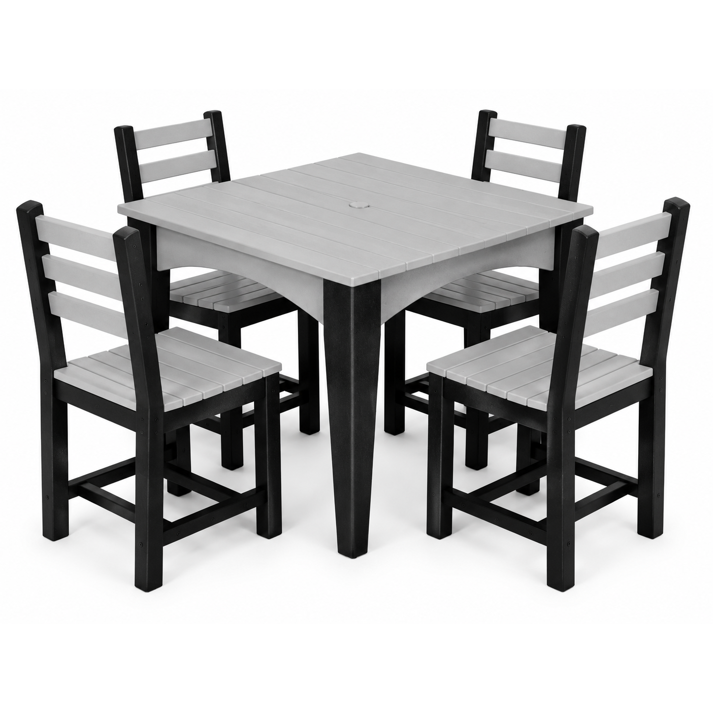 A 5-piece outdoor dining set featuring a square table and four matching ladder-back chairs in a two-tone gray and black finish, shown on a white background.