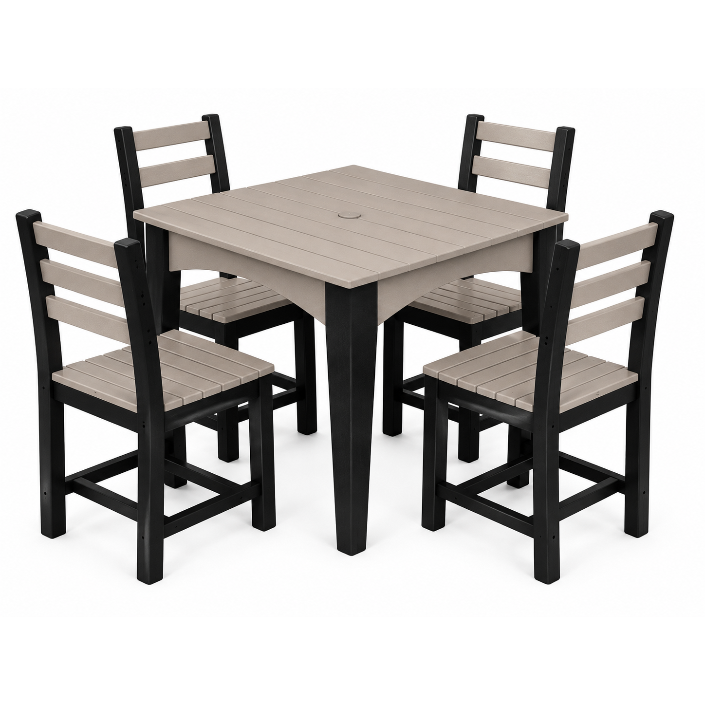 A 5-piece outdoor dining set featuring a square slat-top table and four matching ladder-back chairs with light gray slat seats and black frames, shown on a white background.