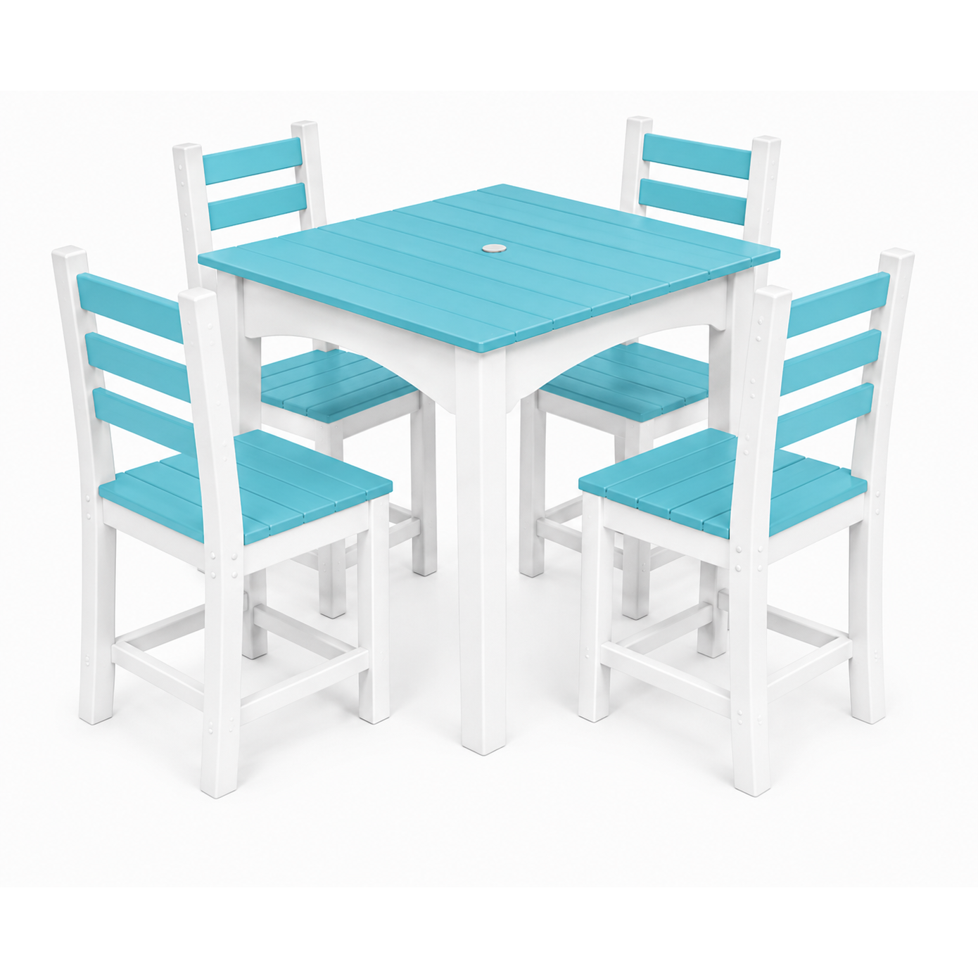 A 5-piece outdoor dining set featuring a square table and four matching ladder-back chairs, painted in a bright turquoise and white color combination, shown on a clean white background.
