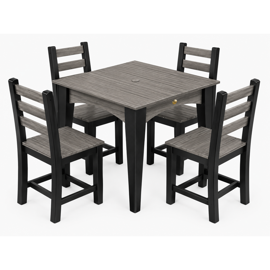 A 5-piece outdoor dining set featuring a square table and four matching ladder-back chairs in a two-tone brown and beige colorway, shown on a solid white background.
