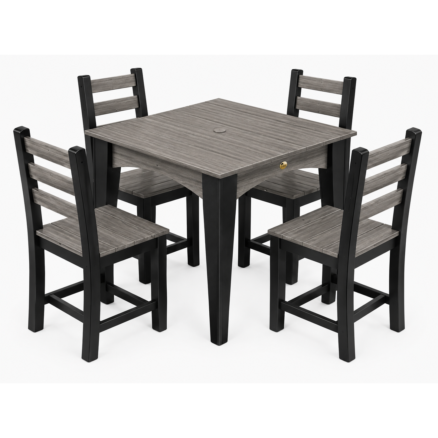 A 5-piece outdoor dining set featuring a square table and four matching ladder-back chairs in a two-tone brown and beige colorway, shown on a solid white background.