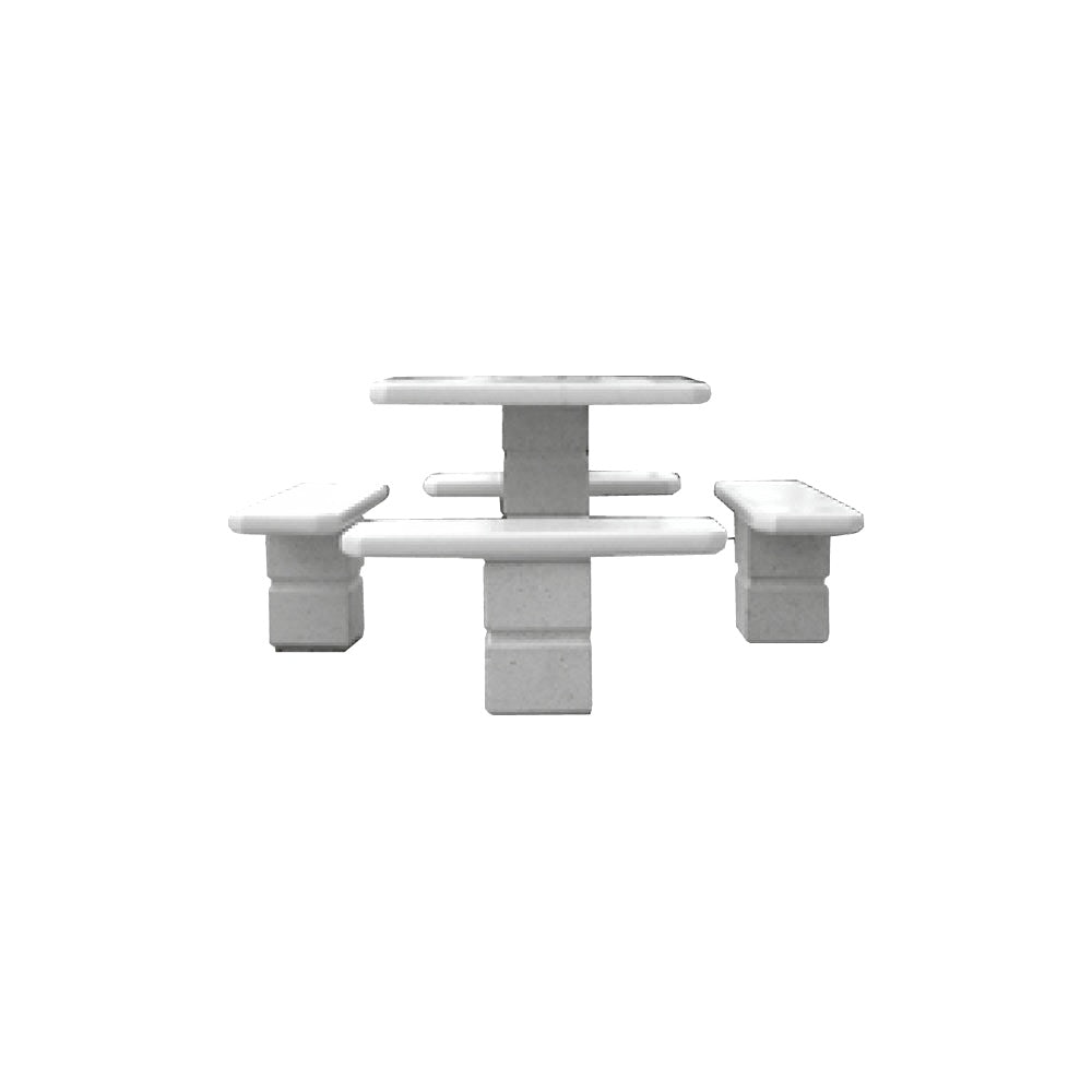 TF3090 Footed Square Pedestal Concrete Table Set — Standard Ground & Polish Top & Bench - Acid Wash Gray Legs — G31 Fog — digitally rendered color preview