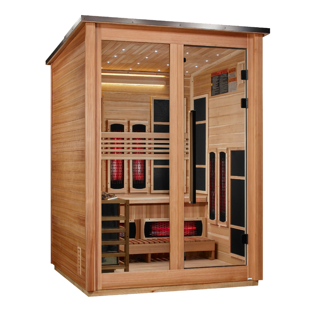 Golden Designs "Loviisa" 3 Person, Pacific Cedar Barn Hybrid (PureTech™ Full Spectrum IR or Traditional Stove) Outdoor Sauna (GDI-8523-02) | MPB fit frame 1000x1000