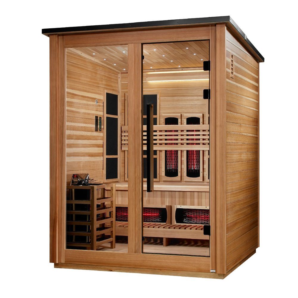 Golden Designs "Loviisa" 3 Person, Pacific Cedar Barn Hybrid (PureTech™ Full Spectrum IR or Traditional Stove) Outdoor Sauna (GDI-8523-02) | MPB fit frame 1000x1000