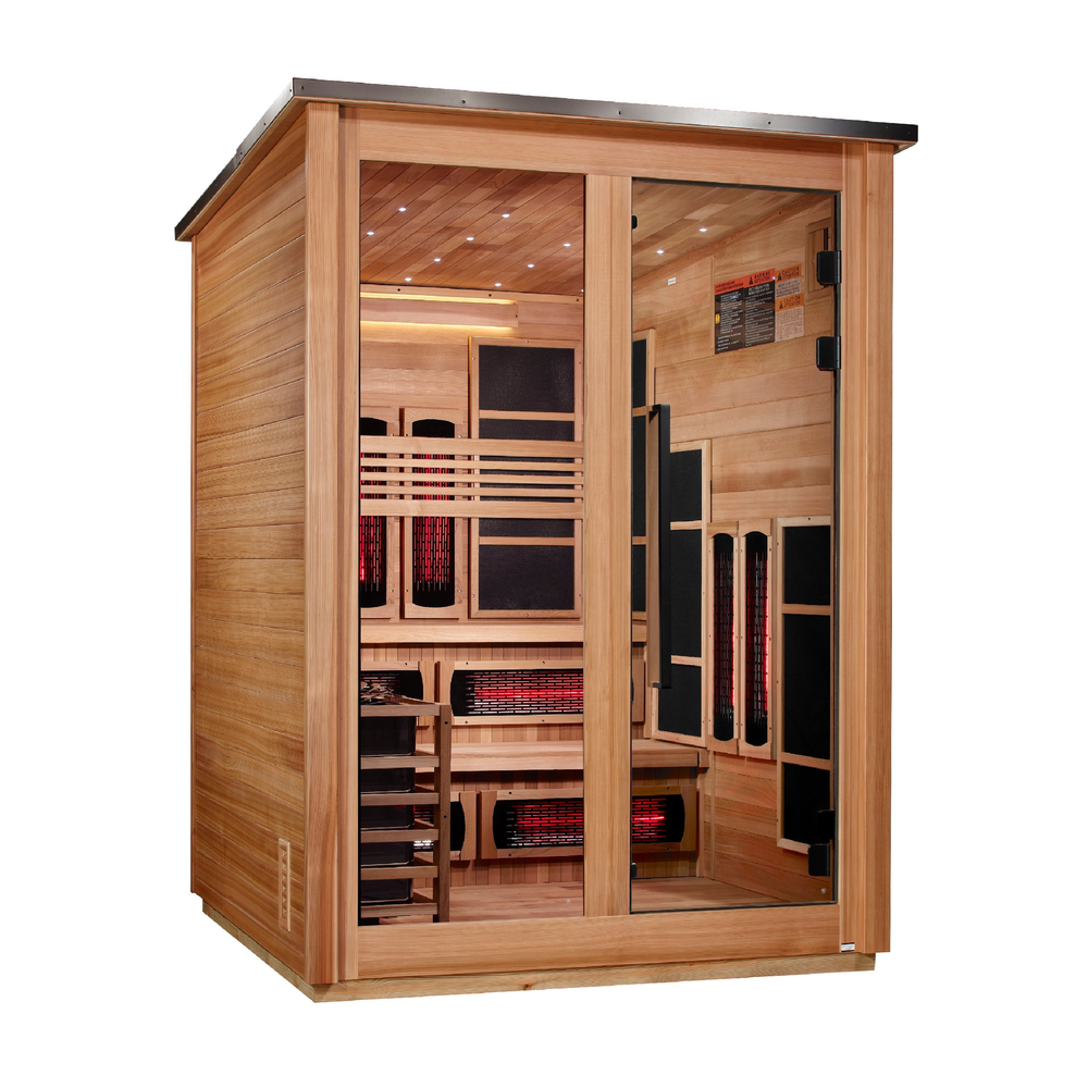 Golden Designs "Kaskinen" 6 Person, Pacific Cedar Barn Hybrid (PureTech™ Full Spectrum IR or Traditional Stove) Outdoor Sauna (GDI-8526-02) | MPB fit frame 1000x1000