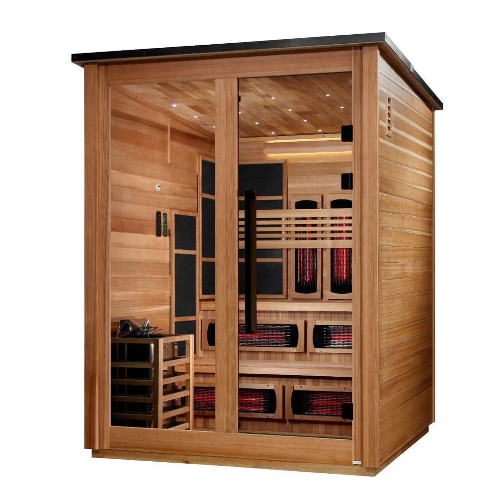 Golden Designs "Kaskinen" 6 Person, Pacific Cedar Barn Hybrid (PureTech™ Full Spectrum IR or Traditional Stove) Outdoor Sauna (GDI-8526-02) | MPB fit frame 1000x1000