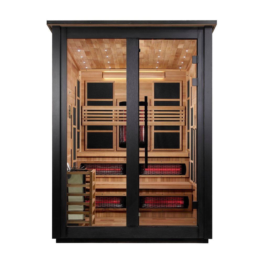 Golden Designs "Kaskinen" 6 Person, 2 Tone Barn Hybrid (PureTech™ Full Spectrum IR or Traditional Stove) Outdoor Sauna (GDI-8526-03) | MPB fit frame 1000x1000