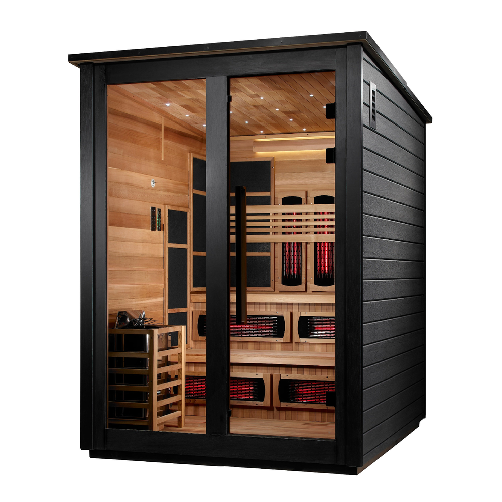 Golden Designs "Kaskinen" 6 Person, Black Barn Hybrid (PureTech™ Full Spectrum IR or Traditional Stove) Outdoor Sauna (GDI-8526-04) | MPB fit frame 1000x1000