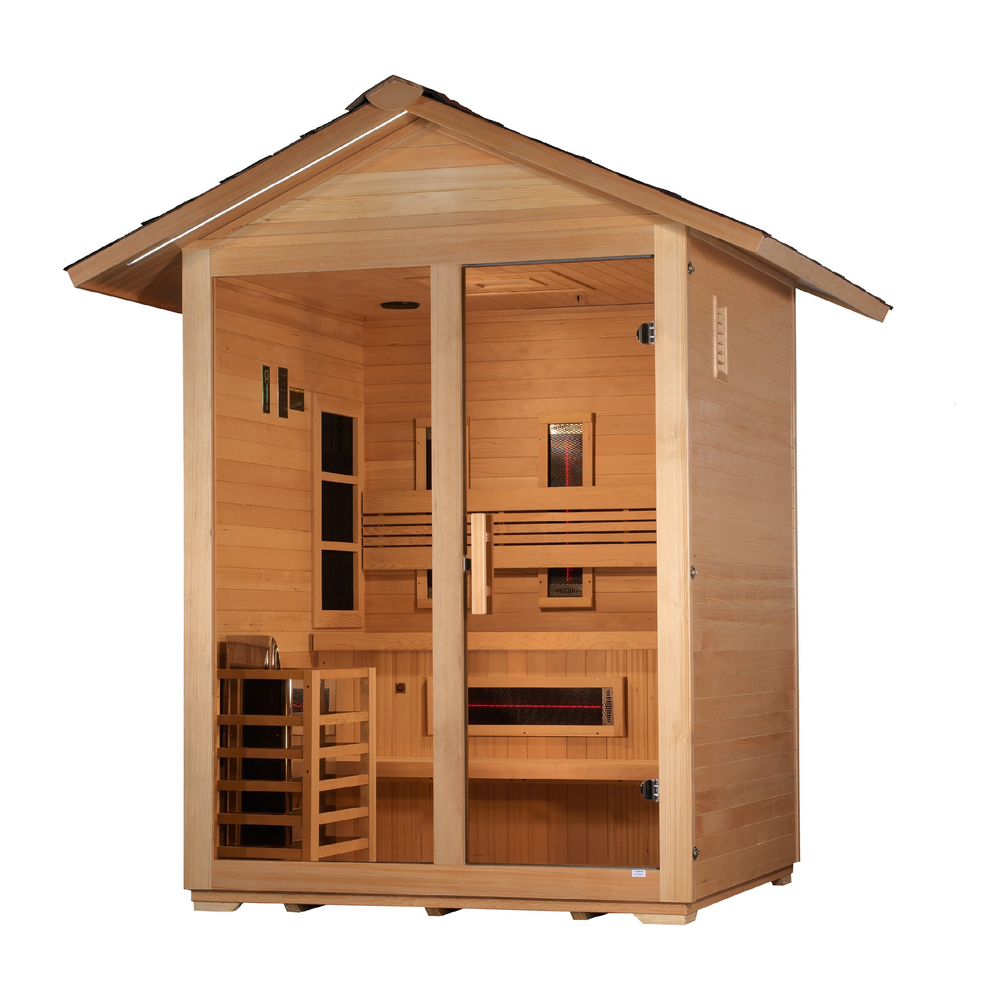Golden Designs "Carinthia" 3 Person Hybrid (PureTech™ Full Spectrum IR or Traditional Stove) Outdoor Sauna (GDI-8123-01) | MPB fit frame 1000x1000