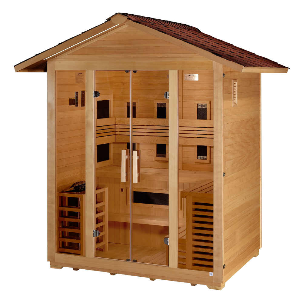Golden Designs "Gargellen" 5 Person Hybrid (PureTech™ Full Spectrum IR or Traditional Stove) Outdoor Sauna (GDI-8125-01) | MPB fit frame 1000x1000
