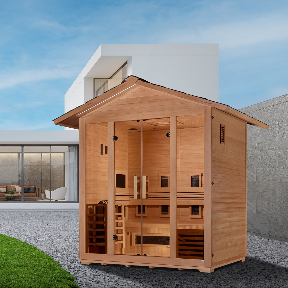 Golden Designs "Gargellen" 5 Person Hybrid (PureTech™ Full Spectrum IR or Traditional Stove) Outdoor Sauna (GDI-8125-01) | MPB fit frame 1000x1000