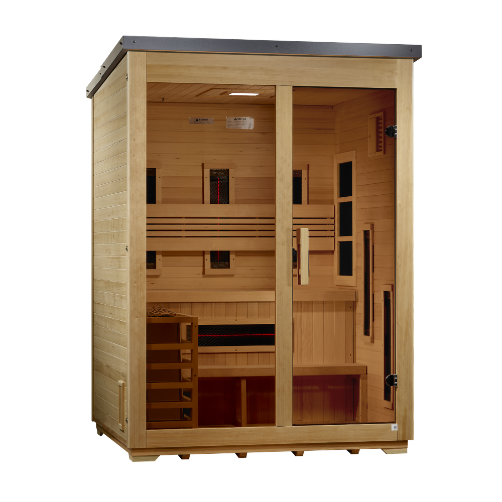 Golden Designs "Carinthia" 3 Person Hybrid (PureTech™ Full Spectrum IR or Traditional Stove) Flat Roof Outdoor Sauna (GDI-8023-01) | MPB fit frame 1000x1000