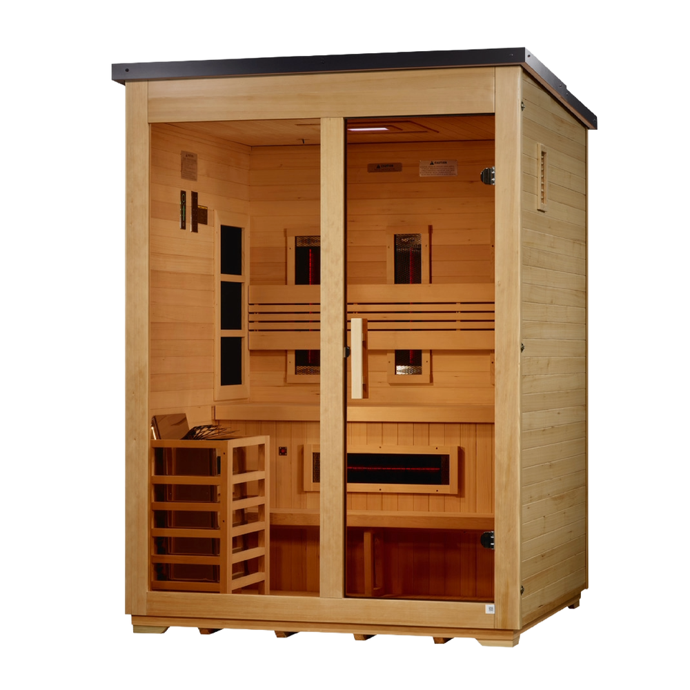 Golden Designs "Carinthia" 3 Person Hybrid (PureTech™ Full Spectrum IR or Traditional Stove) Flat Roof Outdoor Sauna (GDI-8023-01) | MPB fit frame 1000x1000