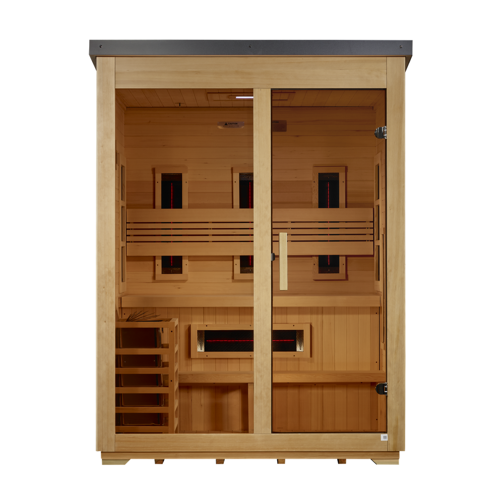 Golden Designs "Carinthia" 3 Person Hybrid (PureTech™ Full Spectrum IR or Traditional Stove) Flat Roof Outdoor Sauna (GDI-8023-01) | MPB fit frame 1000x1000