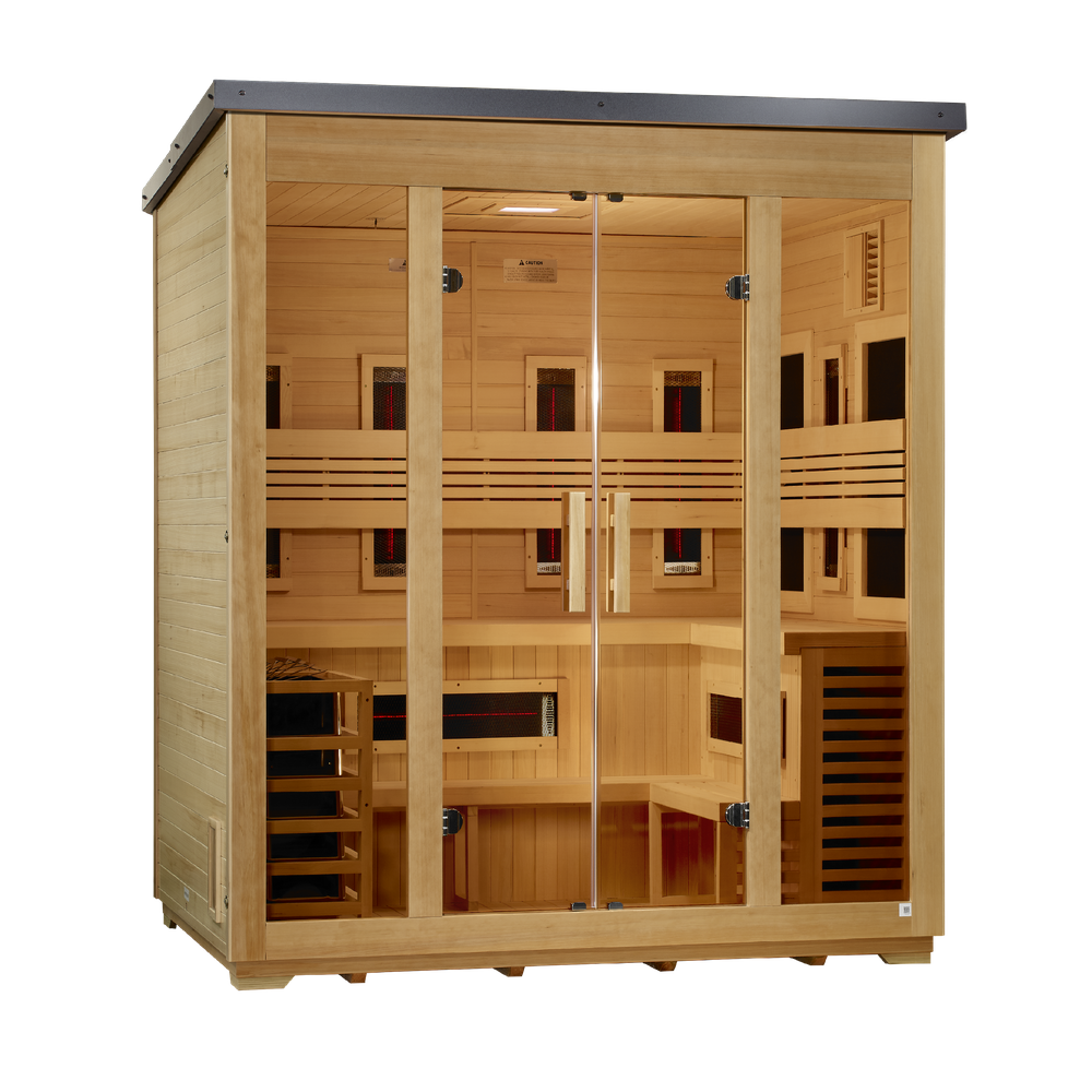 Golden Designs "Gargellen" 5 Person Hybrid (PureTech™ Full Spectrum IR or Traditional Stove) Flat Roof Outdoor Sauna (GDI-8025-01) | MPB fit frame 1000x1000