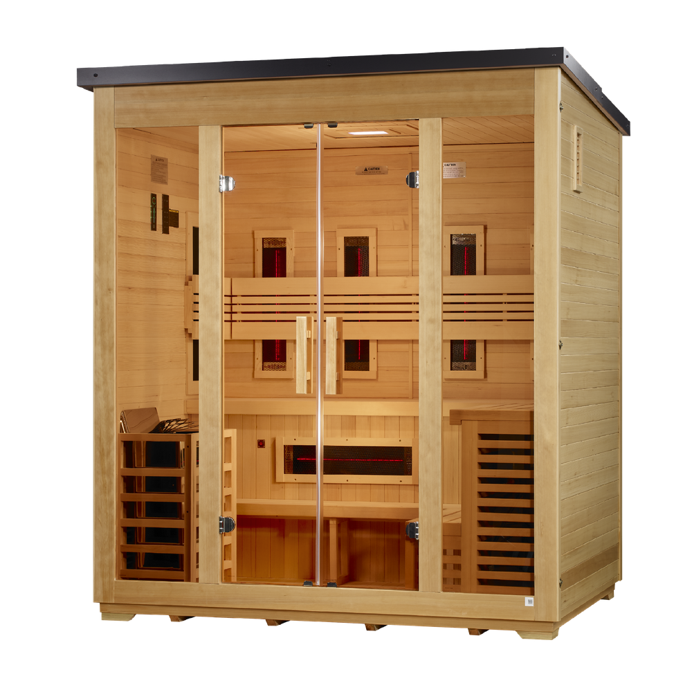 Golden Designs "Gargellen" 5 Person Hybrid (PureTech™ Full Spectrum IR or Traditional Stove) Flat Roof Outdoor Sauna (GDI-8025-01) | MPB fit frame 1000x1000