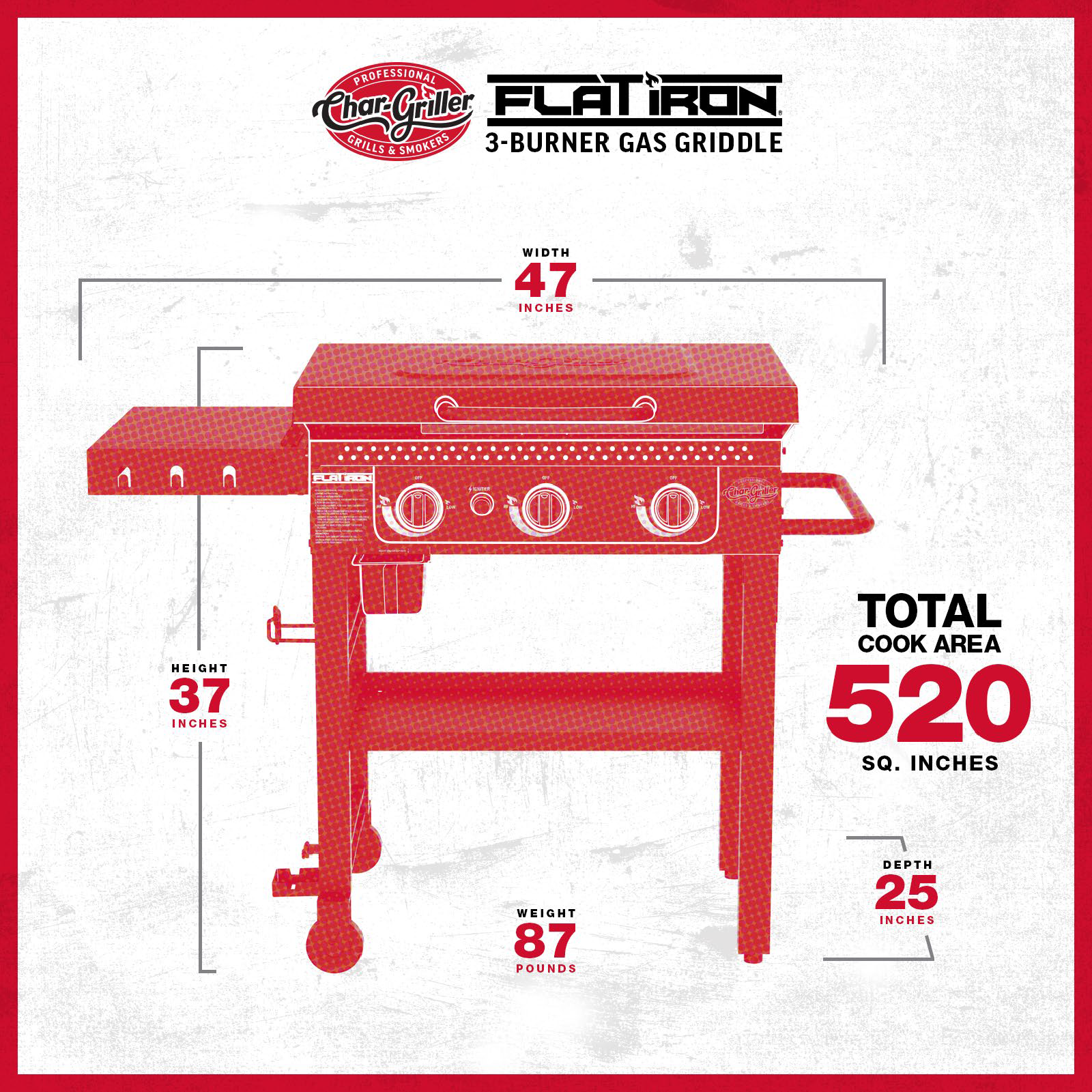 Char-Griller Flat Iron 3-Burner Gas Griddle Black