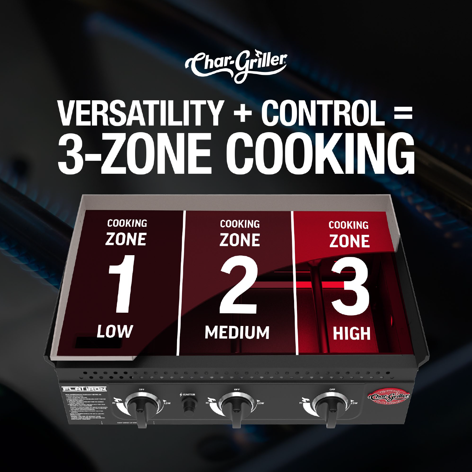 Char-Griller Flat Iron 3-Burner Gas Griddle Black