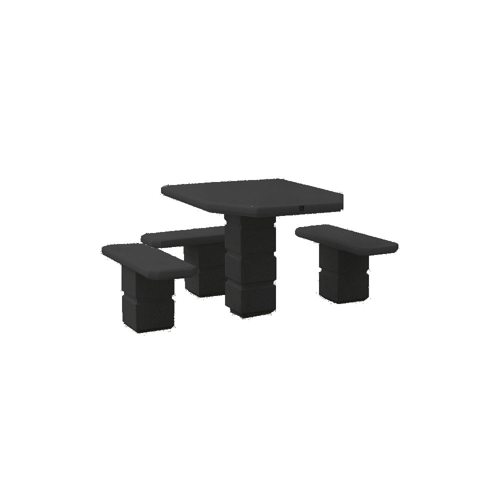 TF3091 Footed Square Pedestal Concrete ADA Compliant Table Set — Standard Ground & Polish Top & Bench - Acid Wash Gray Legs — G38 Night — digitally rendered color preview