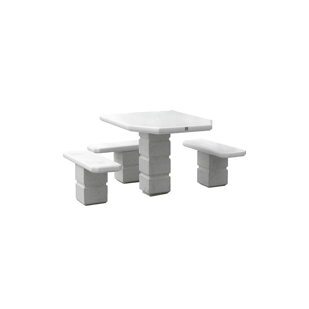 TF3091 Footed Square Pedestal Concrete ADA Compliant Table Set — Standard Ground & Polish Top & Bench - Acid Wash Gray Legs — G33 Misty Gray — digitally rendered color preview