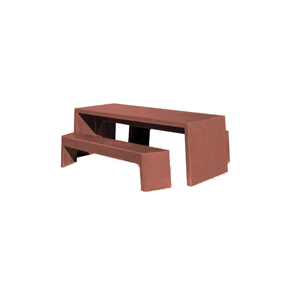 TF3200 Free-Standing 2 Bench Concrete Table Set — Acid Wash — A24 Brick Red — digitally rendered color preview