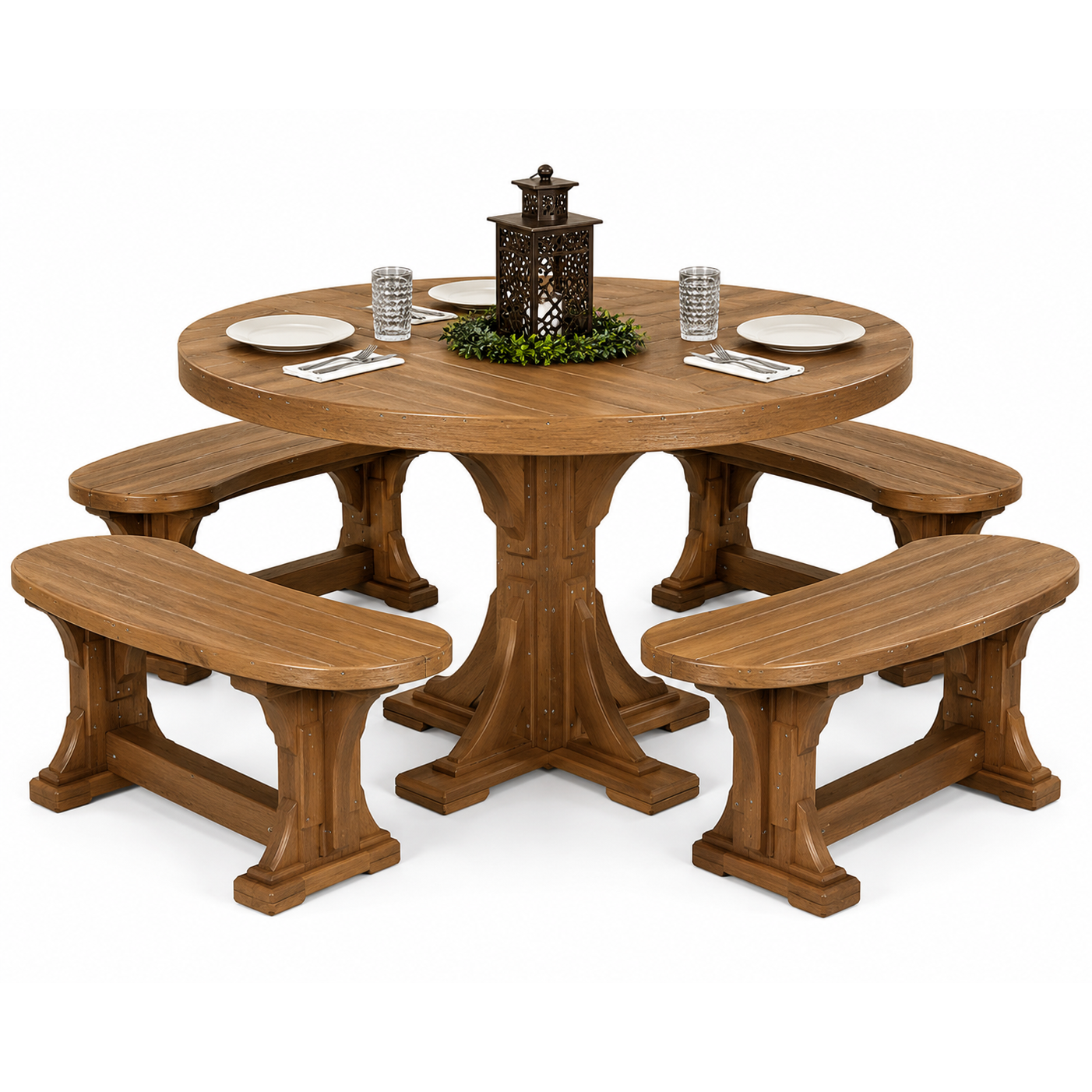 LuxCraft 4' Round Dining Table Set with 4 Benches